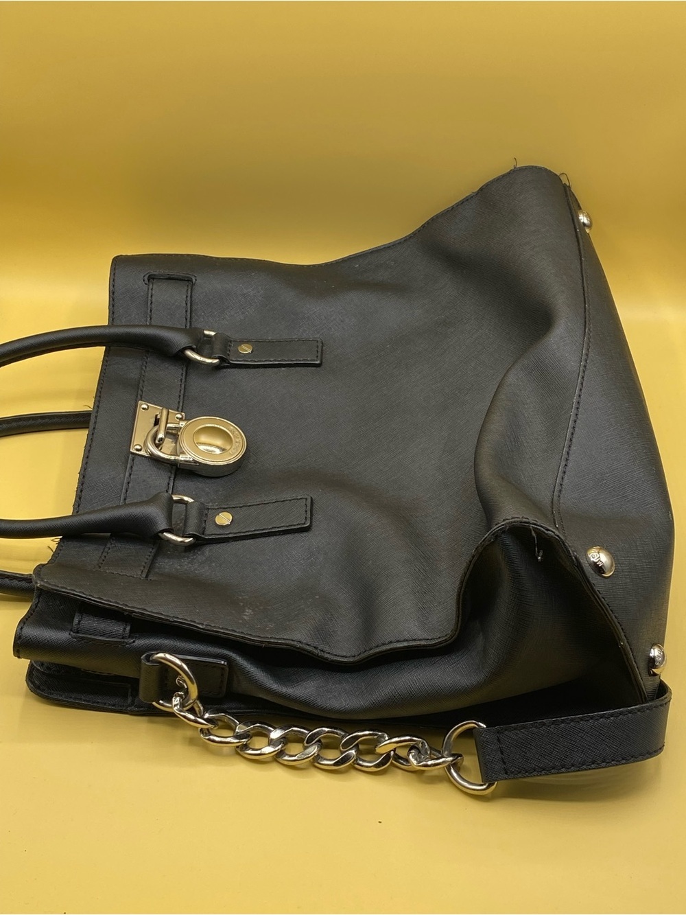 Michael Kors Black Leather Shoulder Tote with Gold Hardware